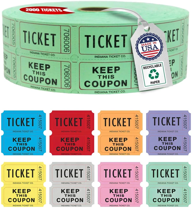 Main image of Raffle Tickets Roll, 50/50, Green, 2000 Tickets per Roll Made in USA Premium raffle tickets roll, ideal for 50/50 raffles, fundraisers, door prizes, school carnivals, parties, community events
