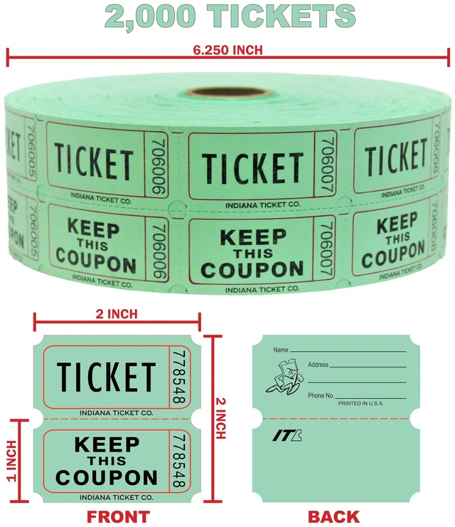 Alt view image 2 of 6 - Raffle Tickets Roll, 50/50, Green, 2000 Tickets per Roll Made in USA Premium raffle tickets roll, ideal for 50/50 raffles, fundraisers, door prizes, school carnivals, parties, community events