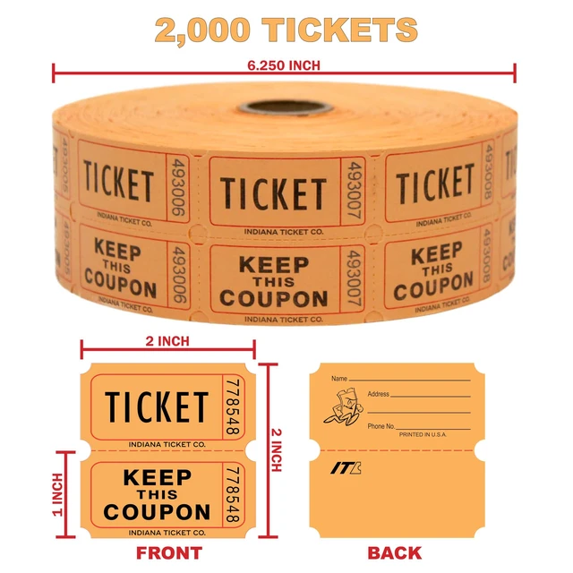 Alt view image 2 of 6 - Raffle Tickets Roll, 50/50, Orange, 2000 Tickets per Roll Made in USA Premium raffle tickets roll, ideal for 50/50 raffles, fundraisers, door prizes, school carnivals, parties, community events