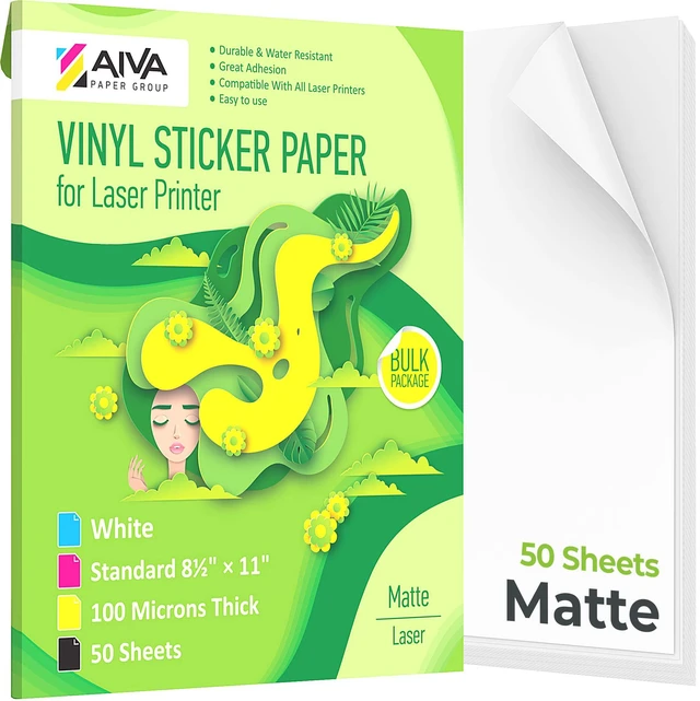 Main image of Printable Vinyl Sticker Paper for Laser Printer - Matte White - 50 Self-Adhesive Sheets - Waterproof Decal Paper - Standard Letter Size 8.5"x11"