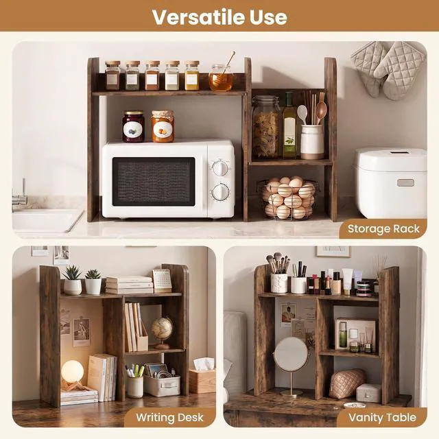 Alt view image 4 of 7 - Extendable Desktop Bookshelf, Dorm Desk Hutch, Rustic Brown Width Adjustable Countertop Storage Hutch, Open Shelves, 2-Tier Display Rack, Wooden Modern Shelf for Home Office College