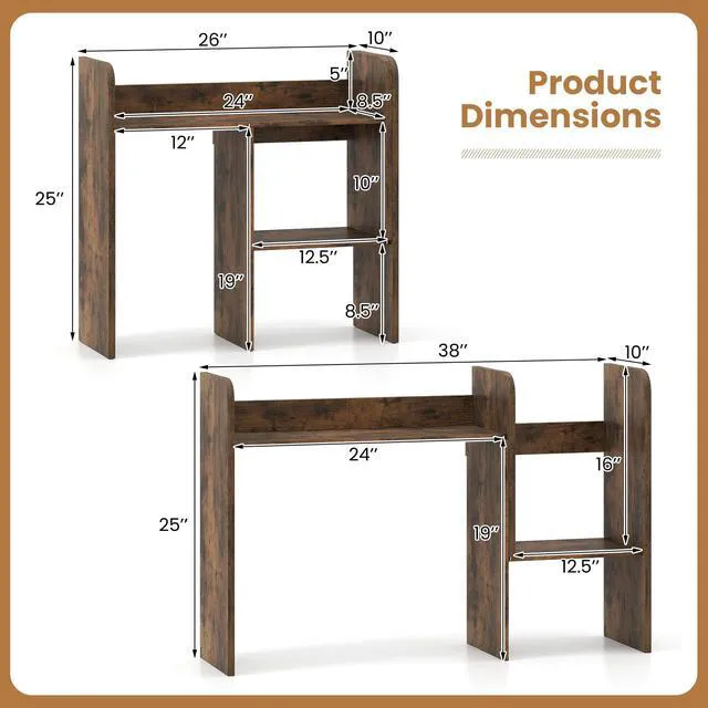 Alt view image 3 of 7 - Extendable Desktop Bookshelf, Dorm Desk Hutch, Rustic Brown Width Adjustable Countertop Storage Hutch, Open Shelves, 2-Tier Display Rack, Wooden Modern Shelf for Home Office College