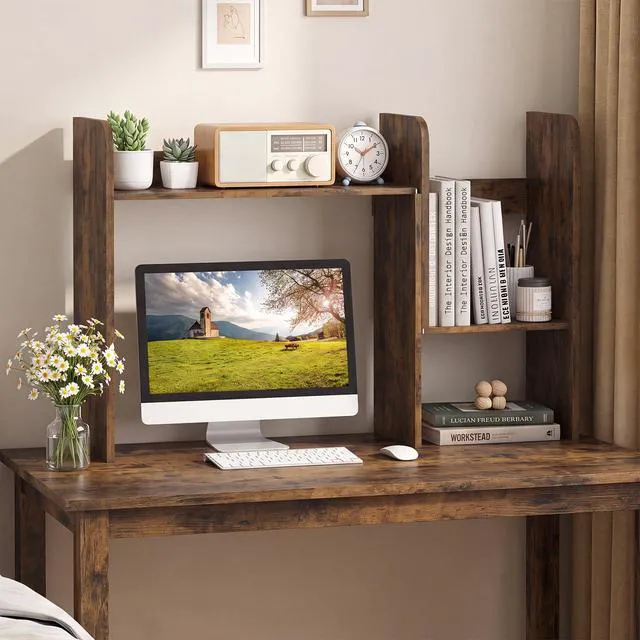Alt view image 2 of 7 - Extendable Desktop Bookshelf, Dorm Desk Hutch, Rustic Brown Width Adjustable Countertop Storage Hutch, Open Shelves, 2-Tier Display Rack, Wooden Modern Shelf for Home Office College
