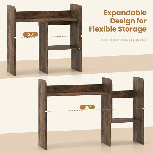Alt view image 5 of 7 - Extendable Desktop Bookshelf, Dorm Desk Hutch, Rustic Brown Width Adjustable Countertop Storage Hutch, Open Shelves, 2-Tier Display Rack, Wooden Modern Shelf for Home Office College