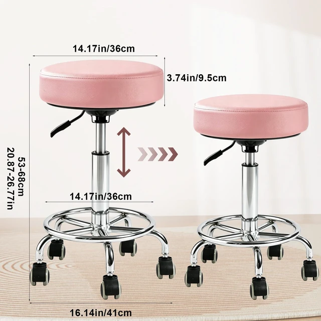 Alt view image 3 of 7 - 500lb Heavy-Duty Adjustable Stool with Wheels, Round Rolling Chair Thick 9.5cm PU leather Seat Cushion|360°Swivel silent rubber caster|Foot pedal|For Drafting salon tattoo clinic home office