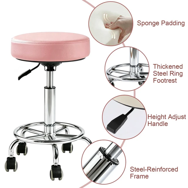 Alt view image 5 of 7 - 500lb Heavy-Duty Adjustable Stool with Wheels, Round Rolling Chair Thick 9.5cm PU leather Seat Cushion|360°Swivel silent rubber caster|Foot pedal|For Drafting salon tattoo clinic home office