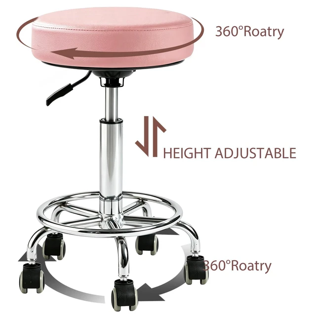 Alt view image 4 of 7 - 500lb Heavy-Duty Adjustable Stool with Wheels, Round Rolling Chair Thick 9.5cm PU leather Seat Cushion|360°Swivel silent rubber caster|Foot pedal|For Drafting salon tattoo clinic home office