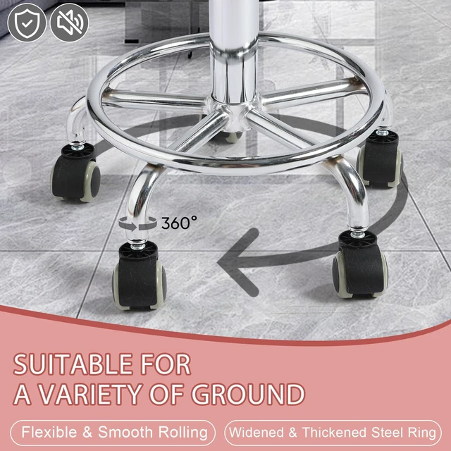Alt view image 6 of 7 - 500lb Heavy-Duty Adjustable Stool with Wheels, Round Rolling Chair Thick 9.5cm PU leather Seat Cushion|360°Swivel silent rubber caster|Foot pedal|For Drafting salon tattoo clinic home office
