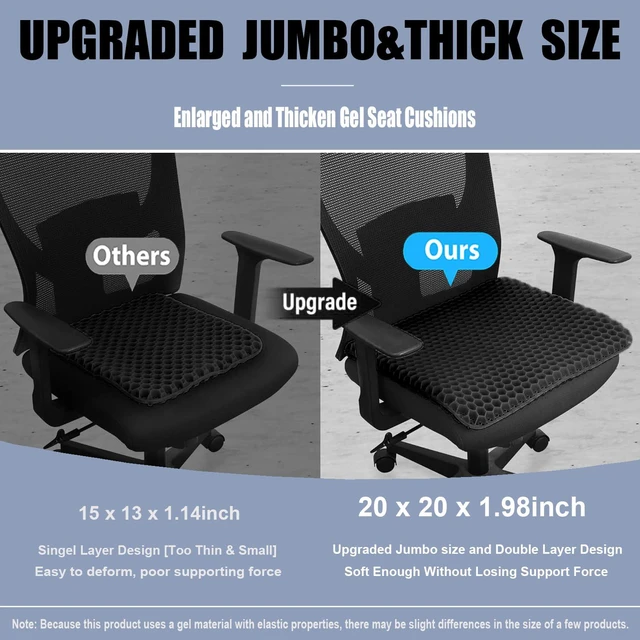 Alt view image 2 of 7 - 20" Gel Seat Cushion for Long Sitting(Jumbo&Thick) Office Chair Cushion Wheelchair Cushions for Pressure Sores Non-Slip Desk Chair Car Seat Cushion Driving Sciatica & Back Pain Relief