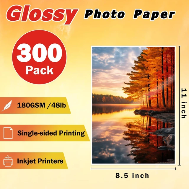Alt view image 2 of 7 - 300 Sheets Glossy Photo Paper 8.5 x 11 Inches, Inkjet Photo Printer Paper,Compatible with Inkjet Printer Use Dye Ink,Professional Picture Paper(180gsm/48lb)