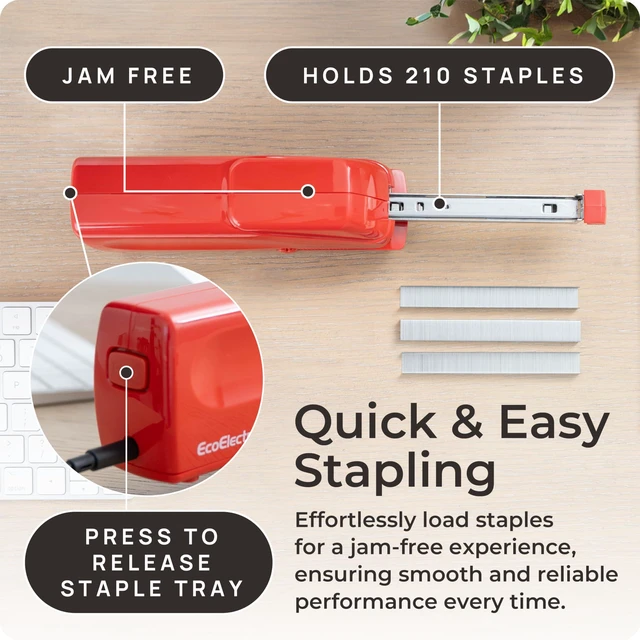 Alt view image 5 of 6 - Red Electric Stapler Pro - Automatic Stapler for Desk or Office Use Portable, Quiet and Jam-Free with Easy Reload, 30-Sheet Capacity, AC Adapter or Battery Powered