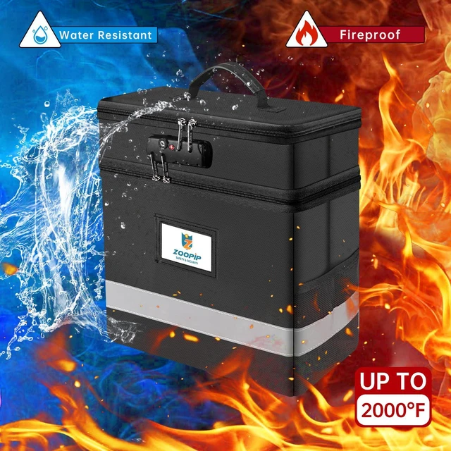 Alt view image 2 of 6 - Fireproof File Box with Lock, 2 Layer Document Box Storage Organizer, Suitable for Hanging File Folders in Letter Size, Collapsible File Box, Reflective Strip for Fast Find (12.2*6*12.2, Black)