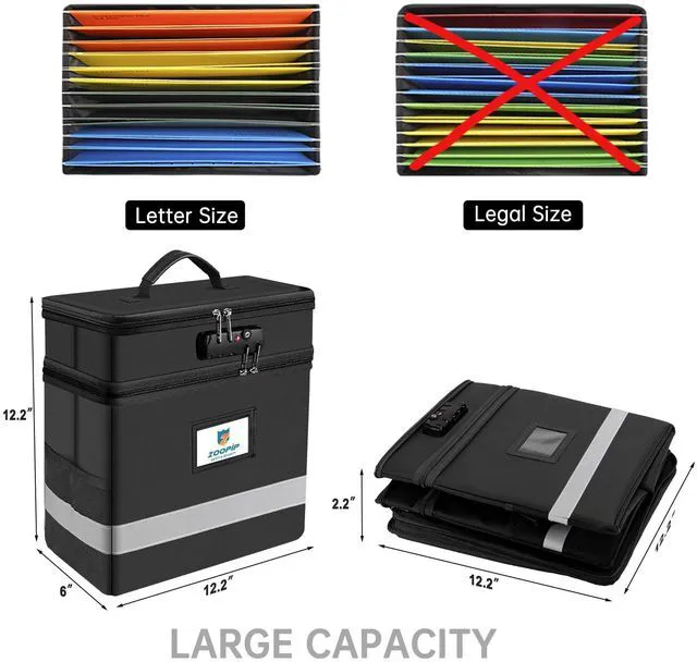 Alt view image 4 of 6 - Fireproof File Box with Lock, 2 Layer Document Box Storage Organizer, Suitable for Hanging File Folders in Letter Size, Collapsible File Box, Reflective Strip for Fast Find (12.2*6*12.2, Black)
