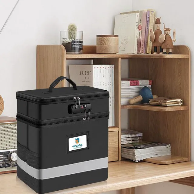 Alt view image 5 of 6 - Fireproof File Box with Lock, 2 Layer Document Box Storage Organizer, Suitable for Hanging File Folders in Letter Size, Collapsible File Box, Reflective Strip for Fast Find (12.2*6*12.2, Black)