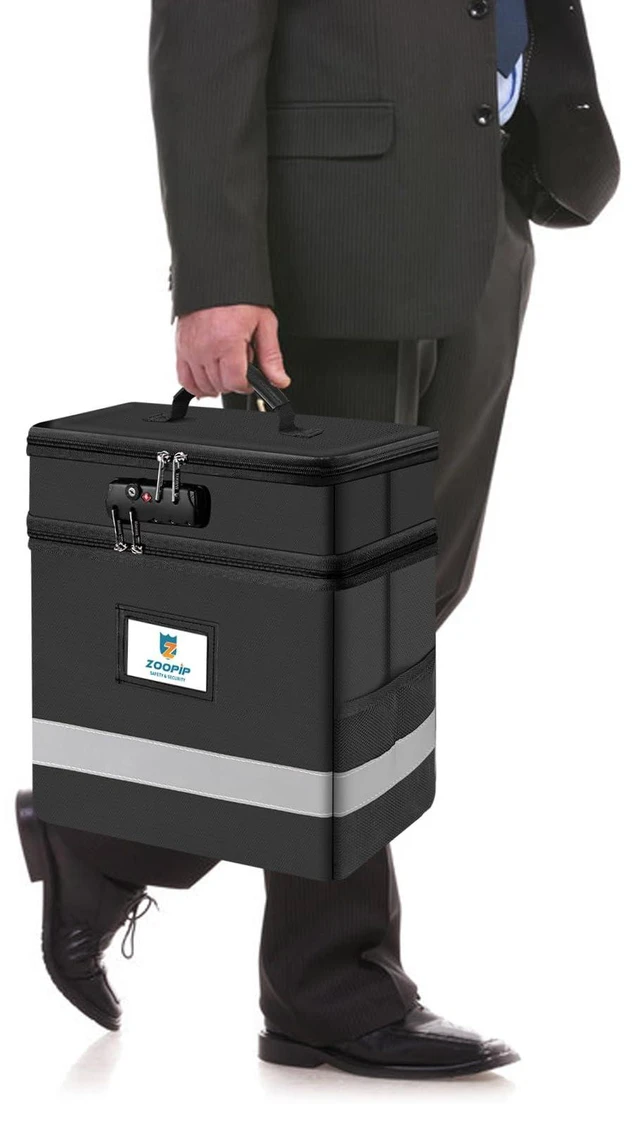 Alt view image 6 of 6 - Fireproof File Box with Lock, 2 Layer Document Box Storage Organizer, Suitable for Hanging File Folders in Letter Size, Collapsible File Box, Reflective Strip for Fast Find (12.2*6*12.2, Black)