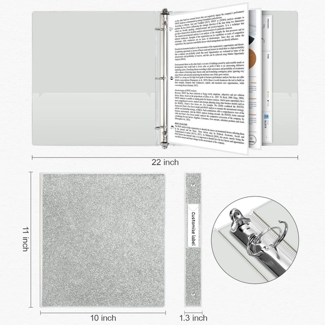 Alt view image 4 of 7 - 1" Binder 3 Rings, Glitter Binder Holds 300 Sheets, Waterproof, 2 Pockets, Silver