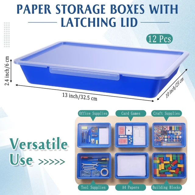 Alt view image 2 of 6 - 12 Pcs Classroom Paper Storage Bins with Clear Latching Lid, Label Stackable Letter Size Flat Tray Container for Teacher Back to School Supplies Home Office Desk Arts Crafts (Blue,13x10in)