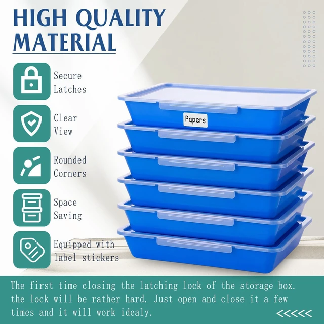 Alt view image 3 of 6 - 12 Pcs Classroom Paper Storage Bins with Clear Latching Lid, Label Stackable Letter Size Flat Tray Container for Teacher Back to School Supplies Home Office Desk Arts Crafts (Blue,13x10in)