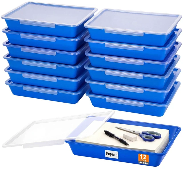 Main image of 12 Pcs Classroom Paper Storage Bins with Clear Latching Lid, Label Stackable Letter Size Flat Tray Container for Teacher Back to School Supplies Home Office Desk Arts Crafts (Blue,13x10in)