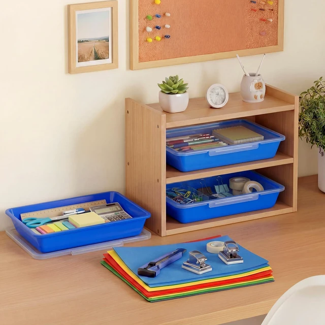 Alt view image 6 of 6 - 12 Pcs Classroom Paper Storage Bins with Clear Latching Lid, Label Stackable Letter Size Flat Tray Container for Teacher Back to School Supplies Home Office Desk Arts Crafts (Blue,13x10in)