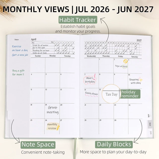 Alt view image 3 of 7 - Planner 2026-2027, Jul 2026-Jun 2027 Weekly & Monthly Calendar Planner Linen Hardcover, Calendar Planner Book with Tabs, Aesthetic, Perfect for Office Home School Supplies(Green, A5)