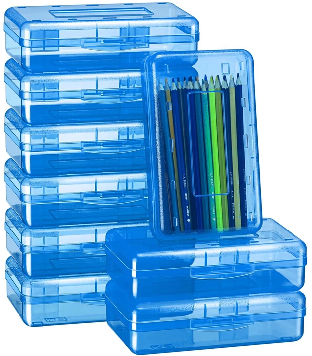 Main image of 24 Pack Clear Plastic Pencil Box,Blue Stackable Organizer for School Supplies, Large Case for Crayons Markers, Snap-lid Keeps Stationery Secure, Bulk Set
