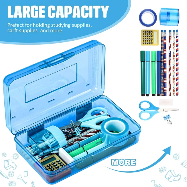 Alt view image 4 of 6 - 24 Pack Clear Plastic Pencil Box,Blue Stackable Organizer for School Supplies, Large Case for Crayons Markers, Snap-lid Keeps Stationery Secure, Bulk Set