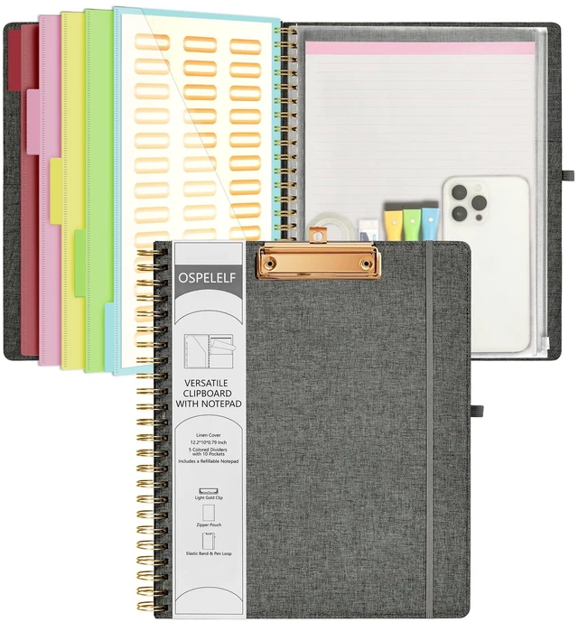 Main image of Foldable Spiral Clipboard Folio with Storage Zipper Pouch, 5 Plastic Folders with 10 Pockets,Refillable Lined Notepad (11" x 8.5"), Hardcover Project Organizer with 39 Stickers (Dark Grey)