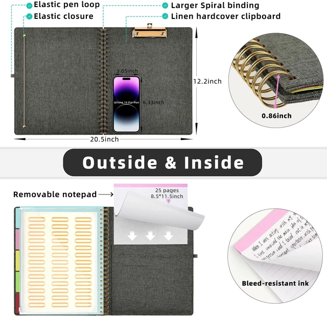 Alt view image 3 of 6 - Foldable Spiral Clipboard Folio with Storage Zipper Pouch, 5 Plastic Folders with 10 Pockets,Refillable Lined Notepad (11" x 8.5"), Hardcover Project Organizer with 39 Stickers (Dark Grey)