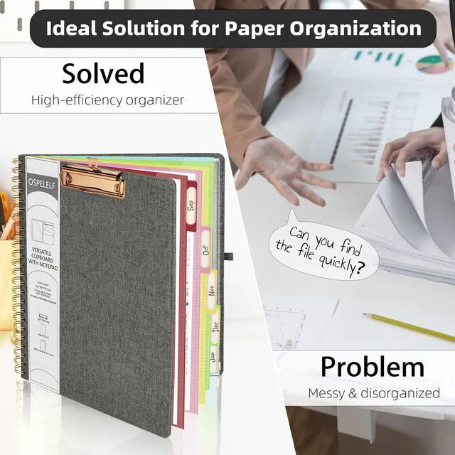 Alt view image 5 of 6 - Foldable Spiral Clipboard Folio with Storage Zipper Pouch, 5 Plastic Folders with 10 Pockets,Refillable Lined Notepad (11" x 8.5"), Hardcover Project Organizer with 39 Stickers (Dark Grey)