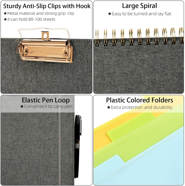 Alt view image 4 of 6 - Foldable Spiral Clipboard Folio with Storage Zipper Pouch, 5 Plastic Folders with 10 Pockets,Refillable Lined Notepad (11" x 8.5"), Hardcover Project Organizer with 39 Stickers (Dark Grey)