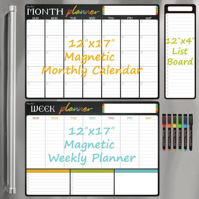 Main image of Magnetic Dry Erase Monthly Calendar Set - 17"x12" Monthly and Weekly Calendar, 4"x12" List Board for Fridge - 6 Extra Fine Point Markers Included - Shipped Flat