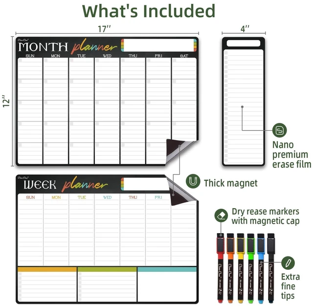 Alt view image 2 of 7 - Magnetic Dry Erase Monthly Calendar Set - 17"x12" Monthly and Weekly Calendar, 4"x12" List Board for Fridge - 6 Extra Fine Point Markers Included - Shipped Flat