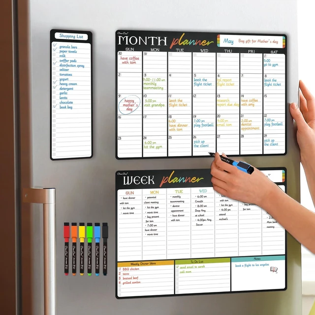 Alt view image 5 of 7 - Magnetic Dry Erase Monthly Calendar Set - 17"x12" Monthly and Weekly Calendar, 4"x12" List Board for Fridge - 6 Extra Fine Point Markers Included - Shipped Flat