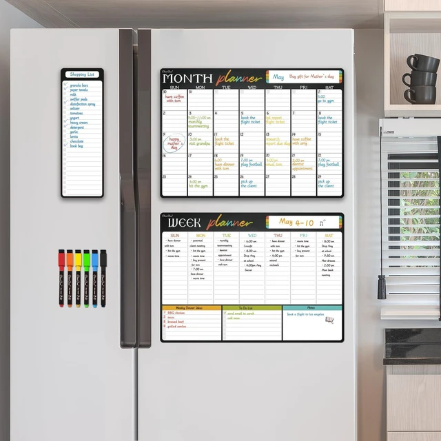 Alt view image 6 of 7 - Magnetic Dry Erase Monthly Calendar Set - 17"x12" Monthly and Weekly Calendar, 4"x12" List Board for Fridge - 6 Extra Fine Point Markers Included - Shipped Flat