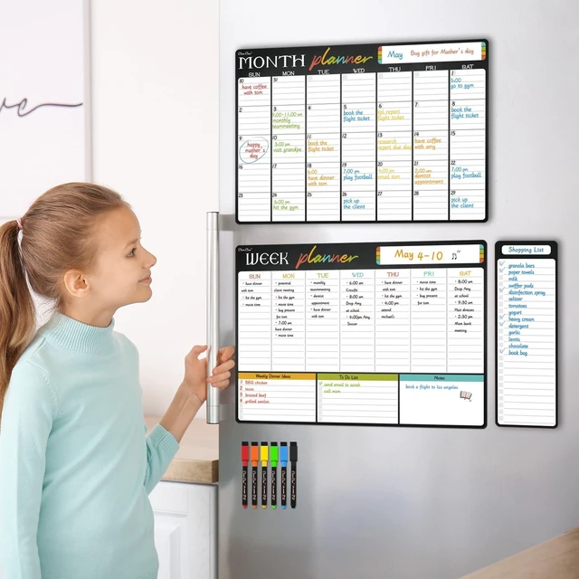 Alt view image 7 of 7 - Magnetic Dry Erase Monthly Calendar Set - 17"x12" Monthly and Weekly Calendar, 4"x12" List Board for Fridge - 6 Extra Fine Point Markers Included - Shipped Flat