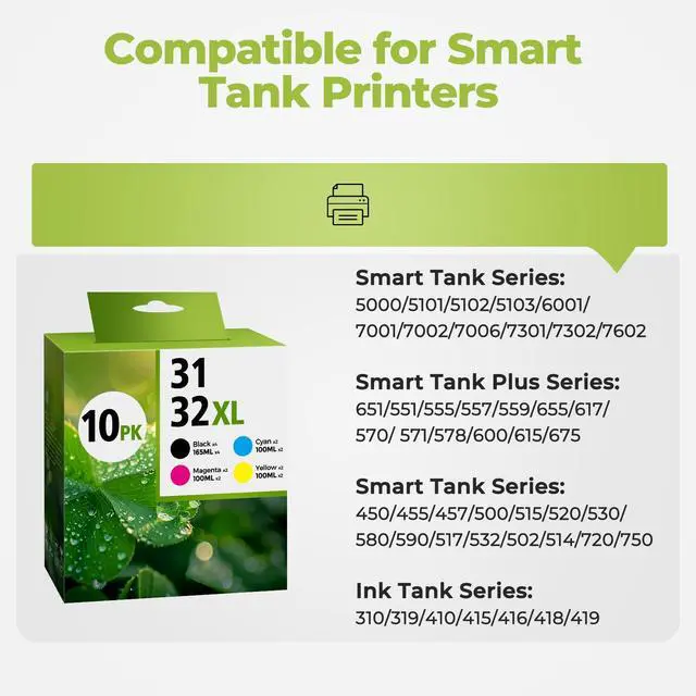 Alt view image 2 of 7 - 31 Ink 32XL Black Ink Bottle Set for Smart tank 7602 6001 5101, 10 Pack Compatible with HP 31 Ink 32XL Black Ink Bottle Set for Smart Tank 7301 651 5000 5103 7001 5102 7002 7006 Printers Ink Refill