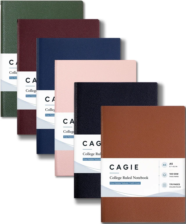 Main image of College Ruled Journal for Men & Women, Softcover A5 Leather Notebook 6 Pack, 176 Pages, 100 GSM Paper, Vegan Leather, Customizable Bookmark, Lay-Flat, Daily Writing, Journaling, Work & School