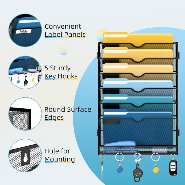 Alt view image 4 of 7 - 7-Tier Hanging Wall File Organizer with Hooks, 2 Pack Mesh Wall File Holder, Mail Organizer Wall Mounted for Papers, Documents, Folders and Magazines in Home Office, Classroom
