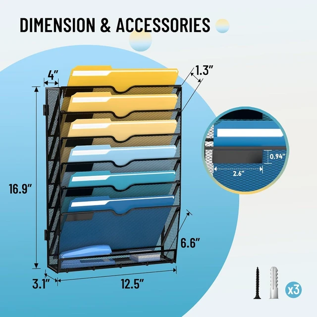 Alt view image 3 of 7 - 7-Tier Hanging Wall File Organizer with Hooks, 2 Pack Mesh Wall File Holder, Mail Organizer Wall Mounted for Papers, Documents, Folders and Magazines in Home Office, Classroom