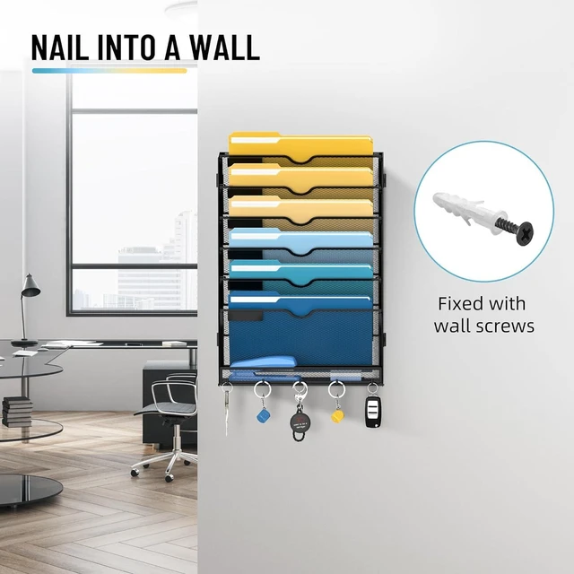 Alt view image 5 of 7 - 7-Tier Hanging Wall File Organizer with Hooks, 2 Pack Mesh Wall File Holder, Mail Organizer Wall Mounted for Papers, Documents, Folders and Magazines in Home Office, Classroom