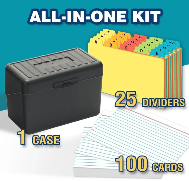 Alt view image 2 of 7 - 4x6 Index Card Holder with 100 Index Cards and 25 Dividers, Black 4x6 Inch Plastic Box, Heavyweight 4x6 Index Cards, Plastic 4x6 Index Card Dividers, Snap Closure Lid