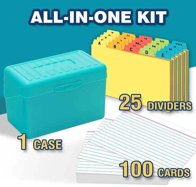 Alt view image 2 of 7 - 4x6 Index Card Holder with 100 Index Cards and 25 Dividers, Teal 4x6 Inch Plastic Box, Heavyweight 4x6 Index Cards, Plastic 4x6 Index Card Dividers, Snap Closure Lid