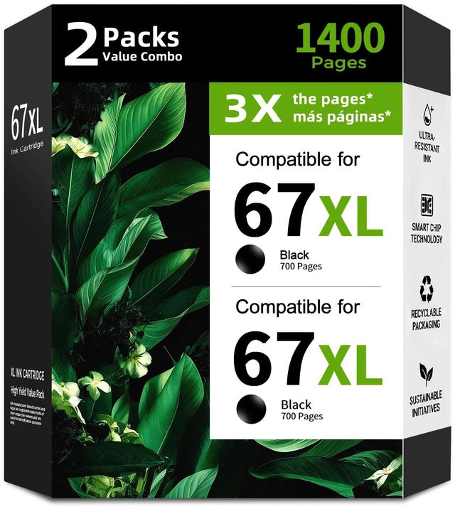 Main image of 67XL Black Ink Cartridge Replacement for HP 67 HP67 XL High Yield 2 Pack Compatible for 2700 2700e 4100 6400 4155e 2755e 6000 2855e 2827e 2752e 4100e 6458 6455e 4152 6055e 6052e 4152e Printer
