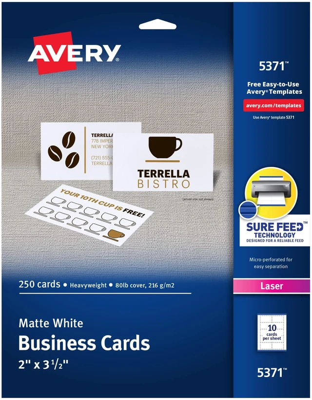 Main image of Printable Business Cards with Sure Feed Technology, 2" x 3.5", White, 250 Blank Cards for Laser Printers (05371)