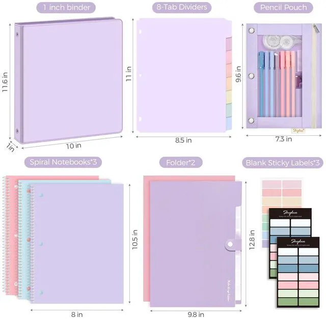 Alt view image 2 of 7 - School Supplies Set 1" 3-Ring Binder, 2 Expanding File Folders, 3 Spiral Notebooks, 8 Tab Dividers & Pencil Pouch Cute Stationery for High School Stude, College Essentials Purple