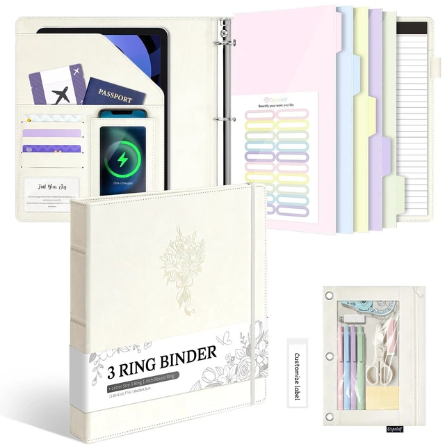 Main image of Leather 3 Ring Binder for Letter Size Documents with PVC Pocketed Dividers, Pencil Pouch & Notepad, 1 Inch Round Rings, Holds 175 Sheets, for Office School Home Organization, Flower White