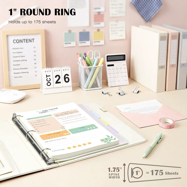 Alt view image 2 of 7 - Leather 3 Ring Binder for Letter Size Documents with PVC Pocketed Dividers, Pencil Pouch & Notepad, 1 Inch Round Rings, Holds 175 Sheets, for Office School Home Organization, Flower White