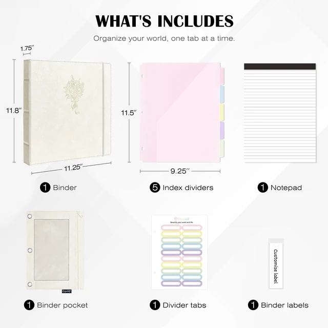 Alt view image 4 of 7 - Leather 3 Ring Binder for Letter Size Documents with PVC Pocketed Dividers, Pencil Pouch & Notepad, 1 Inch Round Rings, Holds 175 Sheets, for Office School Home Organization, Flower White