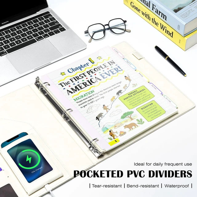 Alt view image 6 of 7 - Leather 3 Ring Binder for Letter Size Documents with PVC Pocketed Dividers, Pencil Pouch & Notepad, 1 Inch Round Rings, Holds 175 Sheets, for Office School Home Organization, Flower White